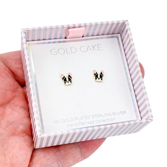 NIB Gold Cake Boston Terrier Gold-Tone Sterling Silver 925 Stud Earrings - Picture 1 of 10